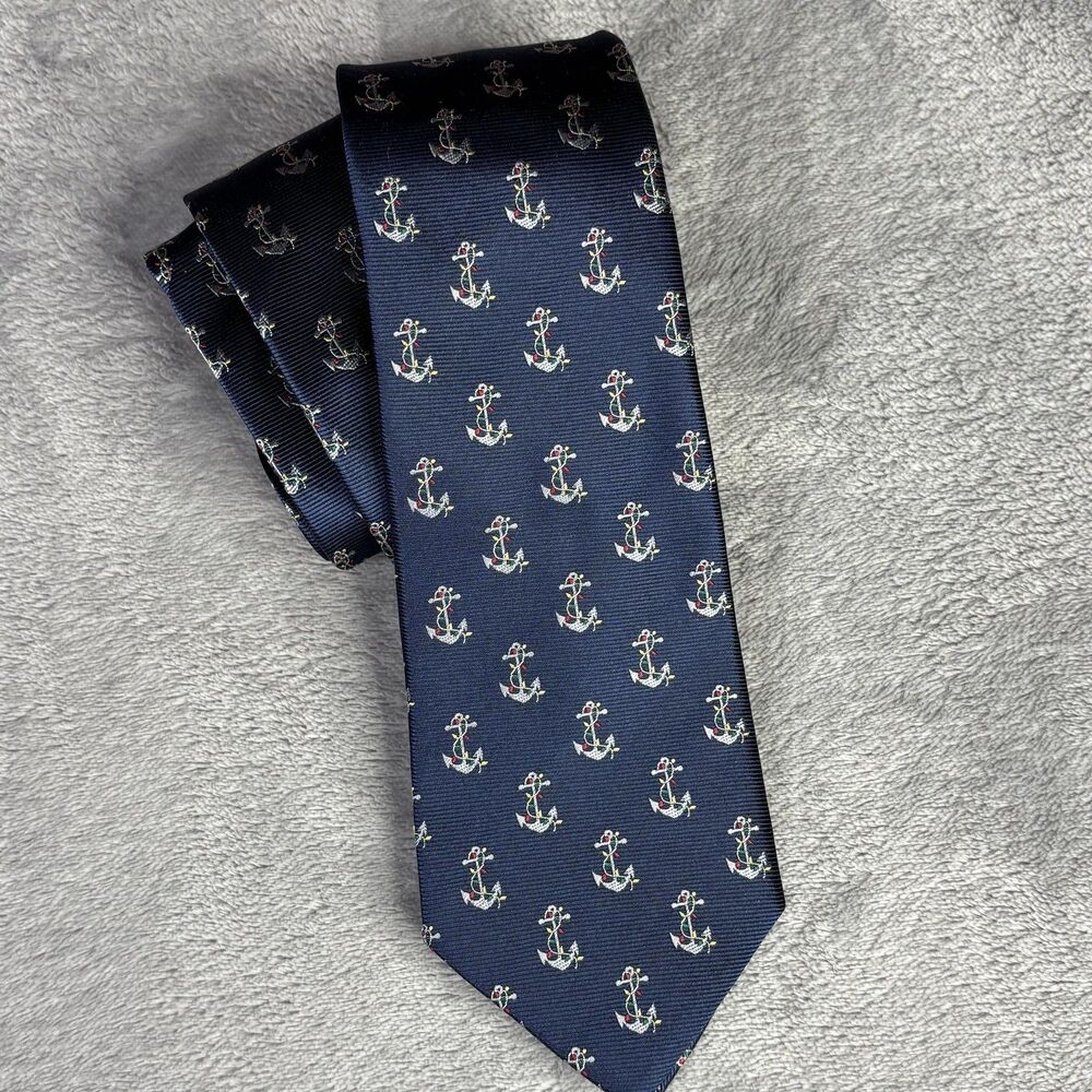 Lands' End Tie Mens Blue Silk Anchor Lights Nautical Christmas‎ Holiday Novelty